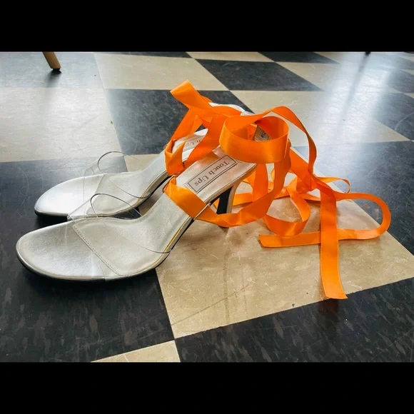 Touch Ups Shoes Clear Tie Up Silver Heels W Orange Ribbon